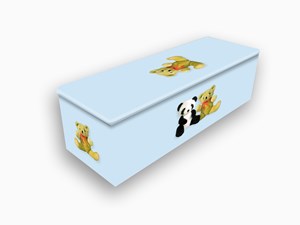 Child's pale blue teddy bear coffin from Paul J King